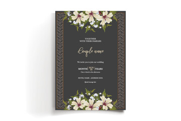 WEDDING INVITATION FRAME WITH FLOWER DECORATIONS AND FRESH LEAVES