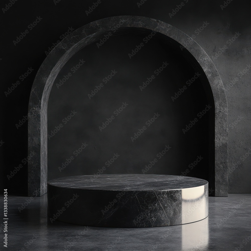Poster dark marble platform minimalist product display with archway background