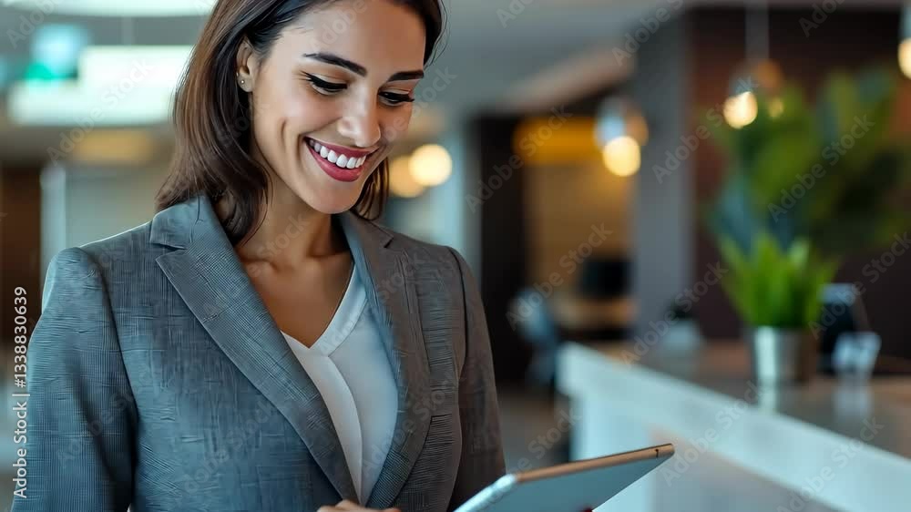 Poster a confident businesswoman in a stylish suit skillfully uses a tablet in a modern reception, embodyin