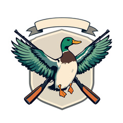 Fototapeta premium Vsai mallard duck flying with spread wings and crossed rifles hunting logo