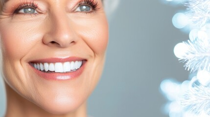 Close-up of cheerful mature caucasian female smiling with bright holiday lights.