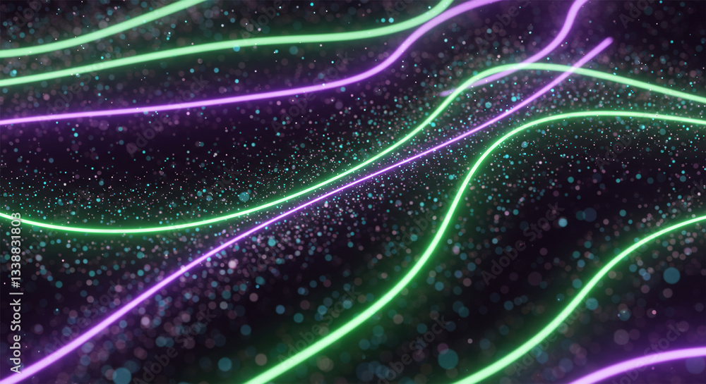 Poster light green and purple lines glowing in the background, bits of data floating in the air.