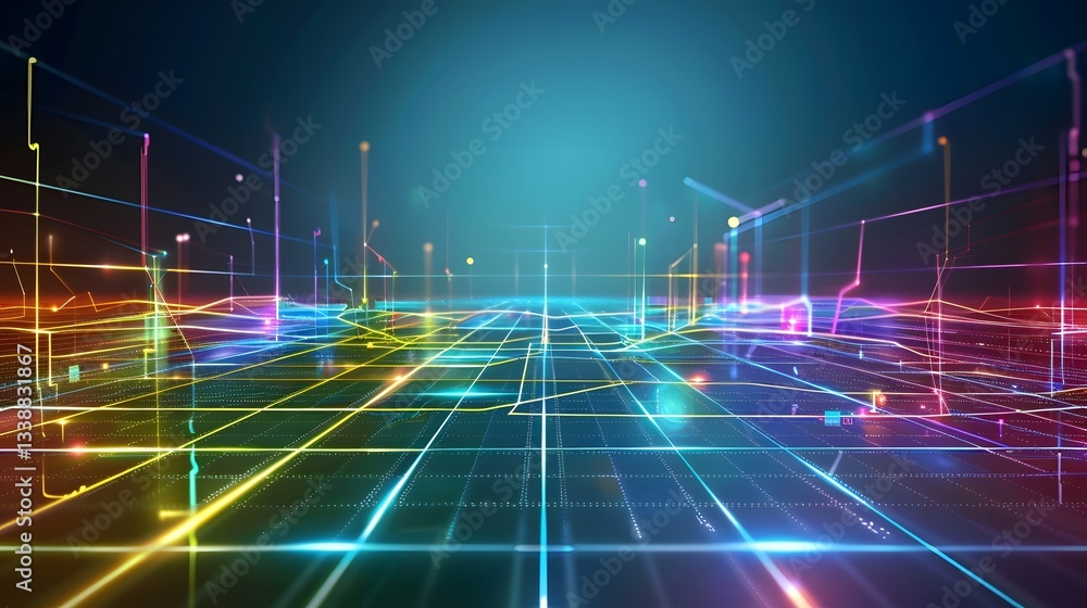 Poster seamless futuristic neon wireframe pattern forming an abstract 3d grid with glowing elements cyberpu