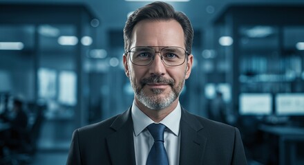 Fototapeta premium Confident Business Leader: A close-up portrait of a mature, sophisticated businessman, exuding confidence in a modern office setting. This image captures professional demeanor.