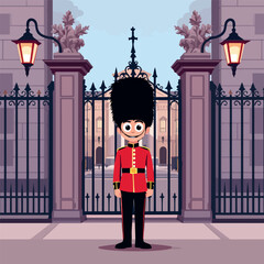 Vsai young queen's guard standing at attention in front of palace gates