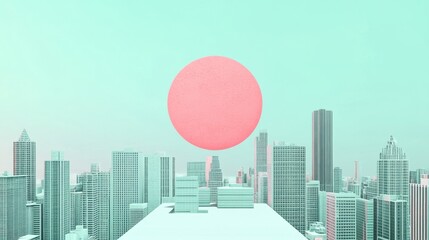Pastel Cityscape with Giant Sun.