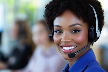 African female customer service representative smiling with headset in office environment.