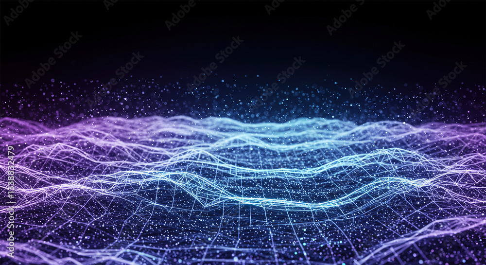 Aufkleber light blue and purple lines glowing in the background, bits of data floating in the air.