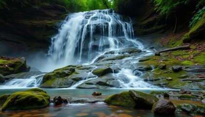 Majestic Waterfall Cascading Into Serene Pool Surrounded by Lush Greenery and Rocks
