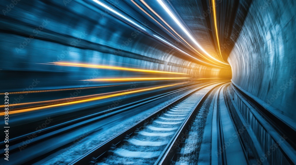 Poster dynamic subway tunnel with light trails and curved tracks