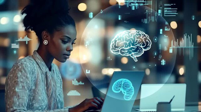 A focused businesswoman, in a futuristic digital environment, skillfully uses her laptop, showcasing technology and AIs role in enhancing productivity and collaboration in modern workspaces
