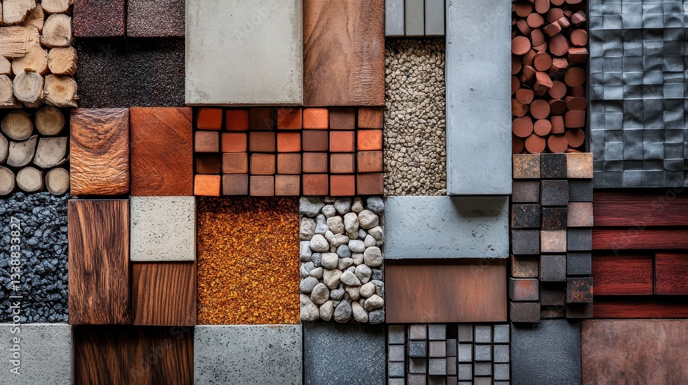 Poster textured wall featuring a colorful assortment of wood and metal panels in various finishes displayed