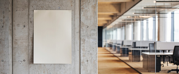 Fototapeta premium Blank beige poster on concrete wall, modern office background, showcasing free space for text or advertisement