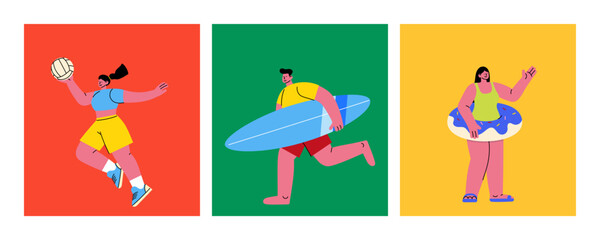 Summer illustration set. Flat illustration of people enjoying summer activities—playing beach volleyball, surfing, relaxing with a swim ring. Vacation, seaside, water sports, tropical holiday concept