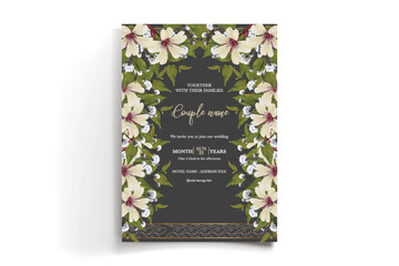 WEDDING INVITATION FRAME WITH FLOWER DECORATIONS AND FRESH LEAVES
