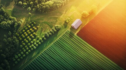 Aerial View of Sustainable Farm With Green Fields and Solar Panels Highlighting Modern Agriculture and Renewable Energy Practices
