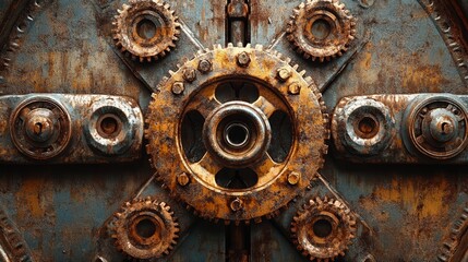 Symmetrical Rusty Gears and Bolts in Industrial Setting Highlighting Mechanical Engineering and Vintage Design
