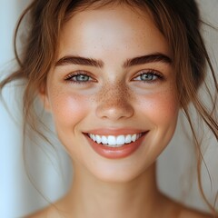 A young woman with freckles and a bright smile shows healthy skin and perfect teeth in a close-up portrait.