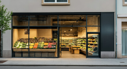 Modern grocery storefront features vibrant fresh produce displayed against sleek glass architecture