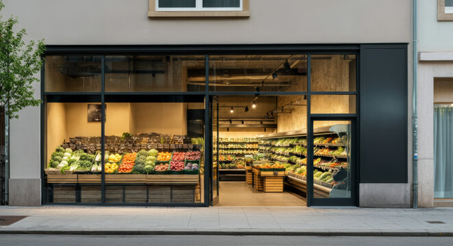 Modern grocery storefront features vibrant fresh produce displayed against sleek glass architecture - Powered by Adobe