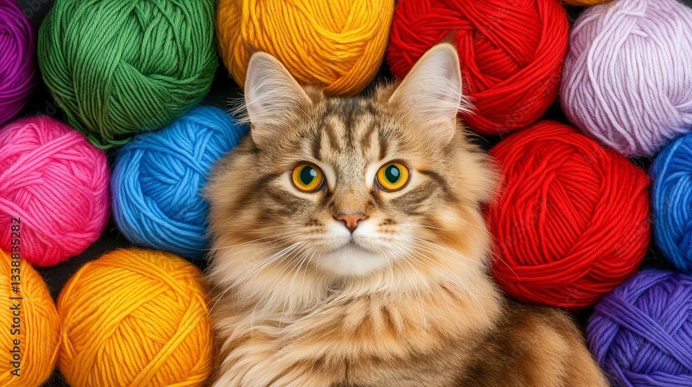 Poster fluffy tabby cat poses directly at the camera surrounded by colorful yarn balls of varying colors, c