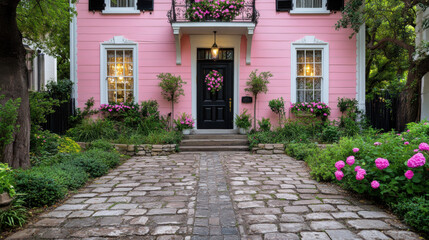 Fototapeta premium Charming Victorian Estate Surrounded by Lush Gardens Historic District Real Estate Photography Vibrant Environment Front View Home Aesthetics