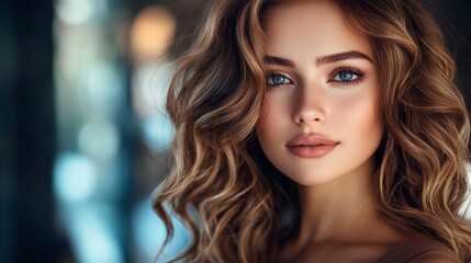 Modern Luxurious Hair Salon Featuring Stylish Woman With Wavy Hair in Soft Lighting Highlighting Beauty and Sophistication