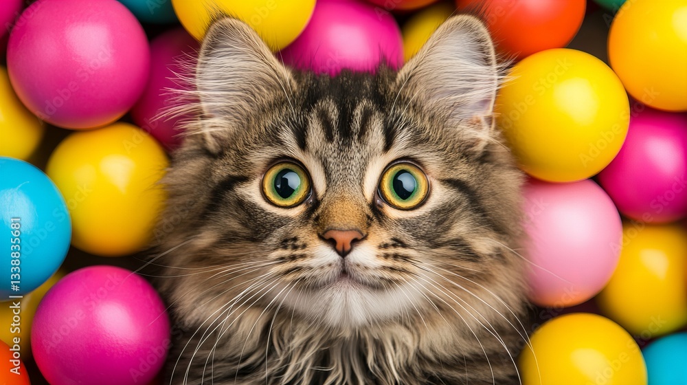 Poster fluffy tabby cat with bright green eyes stares directly at the viewer while partially surrounded by 