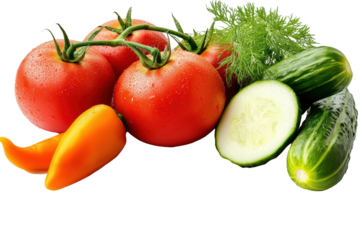 Fresh vegetables including tomatoes, cucumbers, and peppers