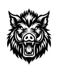 Fototapeta premium Front View of Boar Head Showing Tusk and Angry Expression in Detailed Black and White Vector