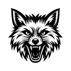 Angry Wolf Growling with Open Mouth Showing Teeth in Detailed Black and White Vector Illustration