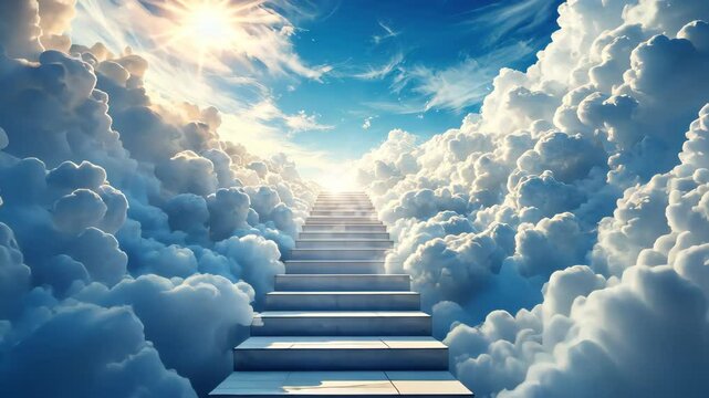 Stairway to Heaven: A heavenly ascent with steps leading into a bright, sunlit sky framed by puffy, white clouds. Evoking a sense of peace and spirituality.