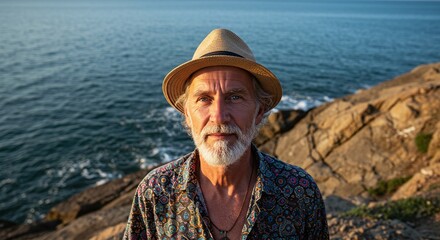 Seaside Contemplation: A seasoned man with a serene gaze, wearing a hat, sits on a rugged seaside cliff. Waves gently crash against the rocks in this coastal sanctuary, embodying the peace of travel.