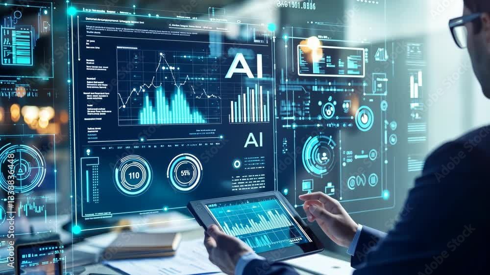 Poster a modern business professional uses aidriven data analytics with graphs, statistics, and tech trends