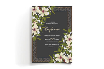 WEDDING INVITATION FRAME WITH FLOWER DECORATIONS AND FRESH LEAVES