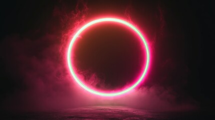 A captivating neon circle illuminated in pink shines through layers of ethereal smoke, creating a mesmerizing focal point that evokes mystery and intrigue.