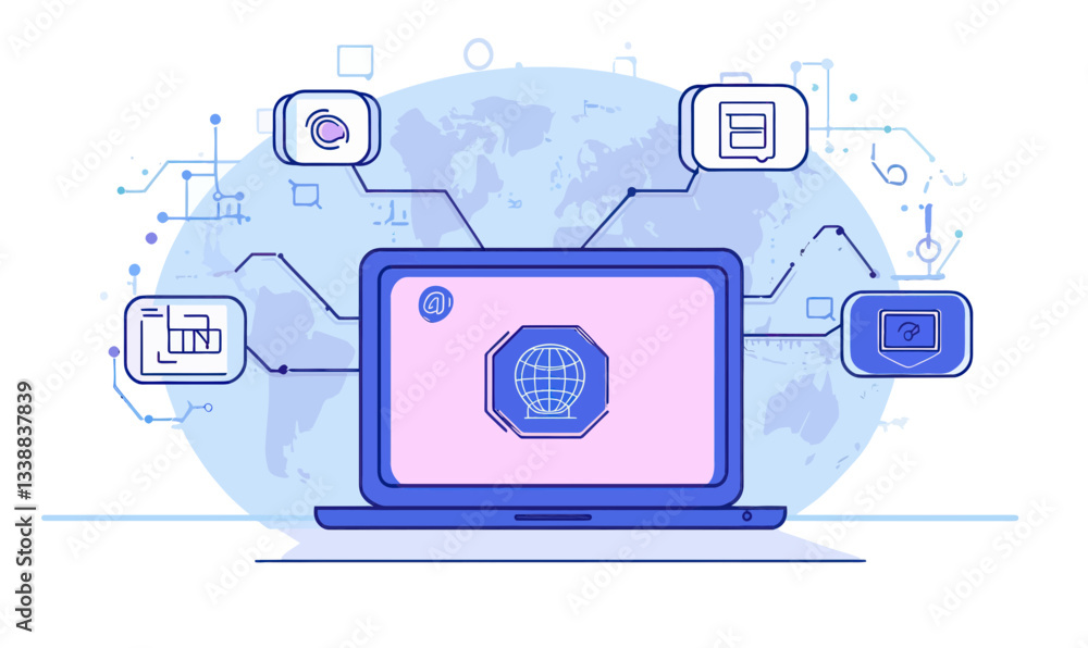 Poster digital network with laptop for multimedia and ai integration with world map