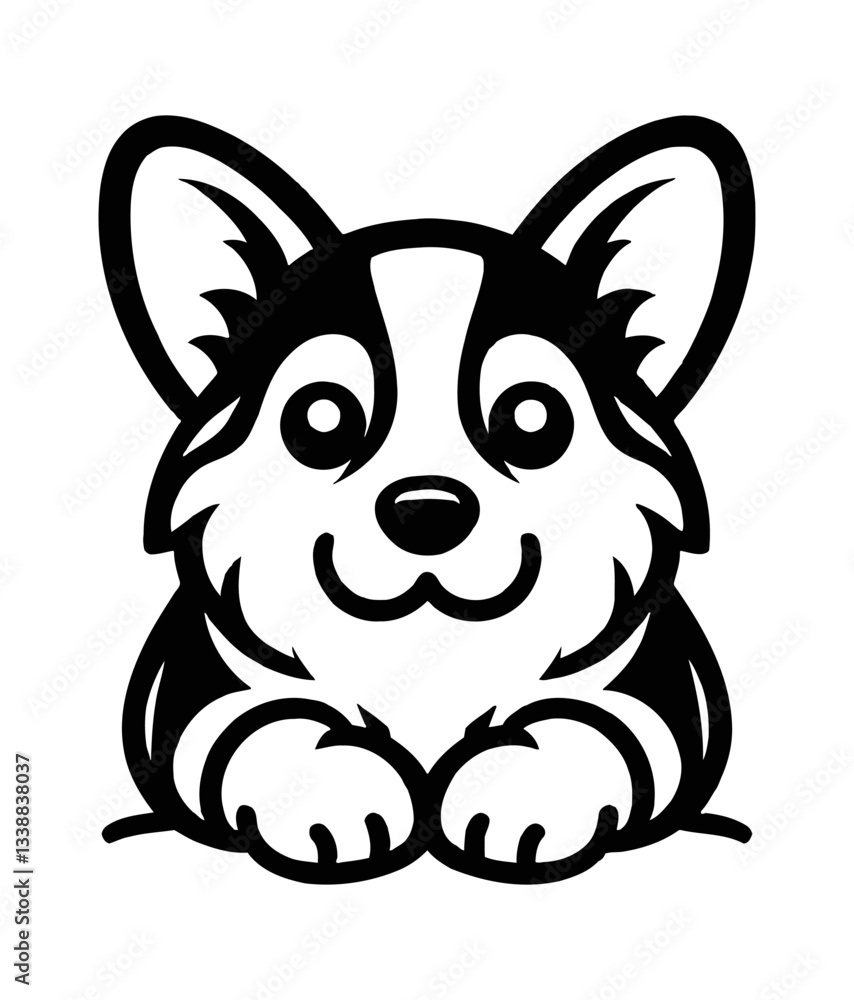 Canvas Prints cute corgi puppy with front view sitting smiling and happy with detailed black and white vector