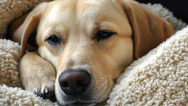 Relaxed dog snuggling in a cozy blanket while resting indoors