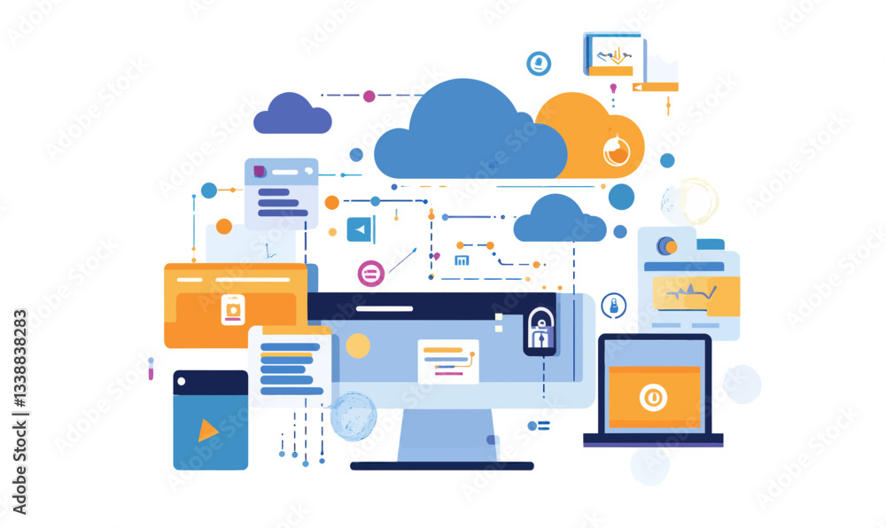 Poster flat vector illustration of cloud data management and synchronization tools in minimalist style
