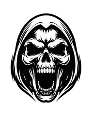 Obraz premium Grim Reaper Skull with Open Mouth Vector Art Illustration in Black and White Silhouette Style
