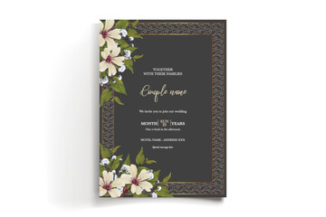 WEDDING INVITATION FRAME WITH FLOWER DECORATIONS AND FRESH LEAVES