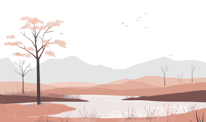 Serene Wetland Landscape in Minimalist Flat Design Vector Art Illustration