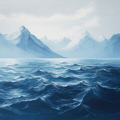 Ocean waves ripple before snow capped mountains under cloudy sky