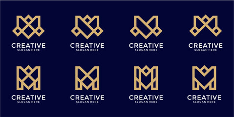 Eight Golden Geometric M Logos on Dark Blue