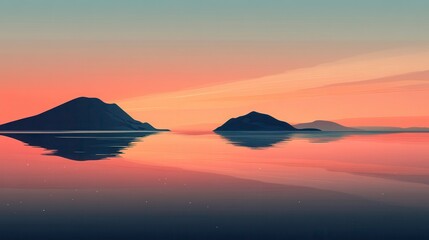 Serene Sunset over Calm Waters with Island Reflections