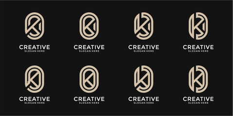 Eight Variations of a Beige Pixel Art Letter K Logo on Black Background