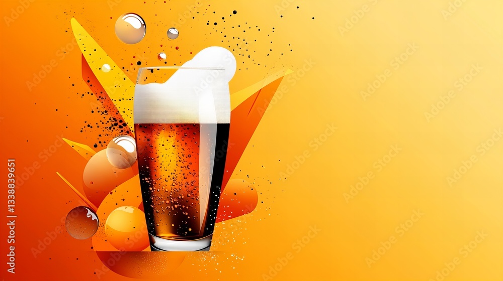 Poster full glass of beer stands against an orange background with floating bubbles and geometric shapes, c