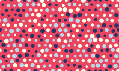 Vibrant abstract polka dot pattern.  Red background with scattered white, blue, and navy circles. Perfect for textile design, website backgrounds, or playful branding. © Olena