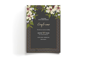 WEDDING INVITATION FRAME WITH FLOWER DECORATIONS AND FRESH LEAVES